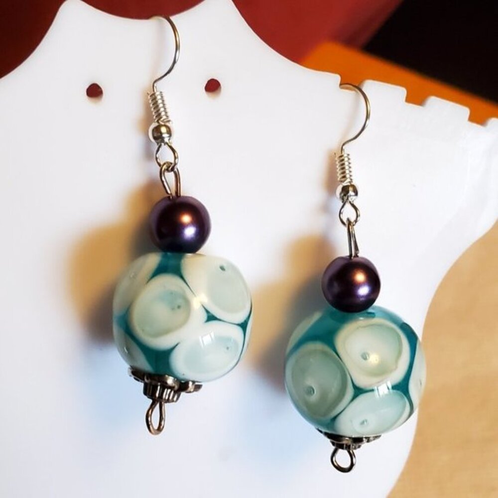 Silver Tone Hook Blue White Glass Bead Earrings